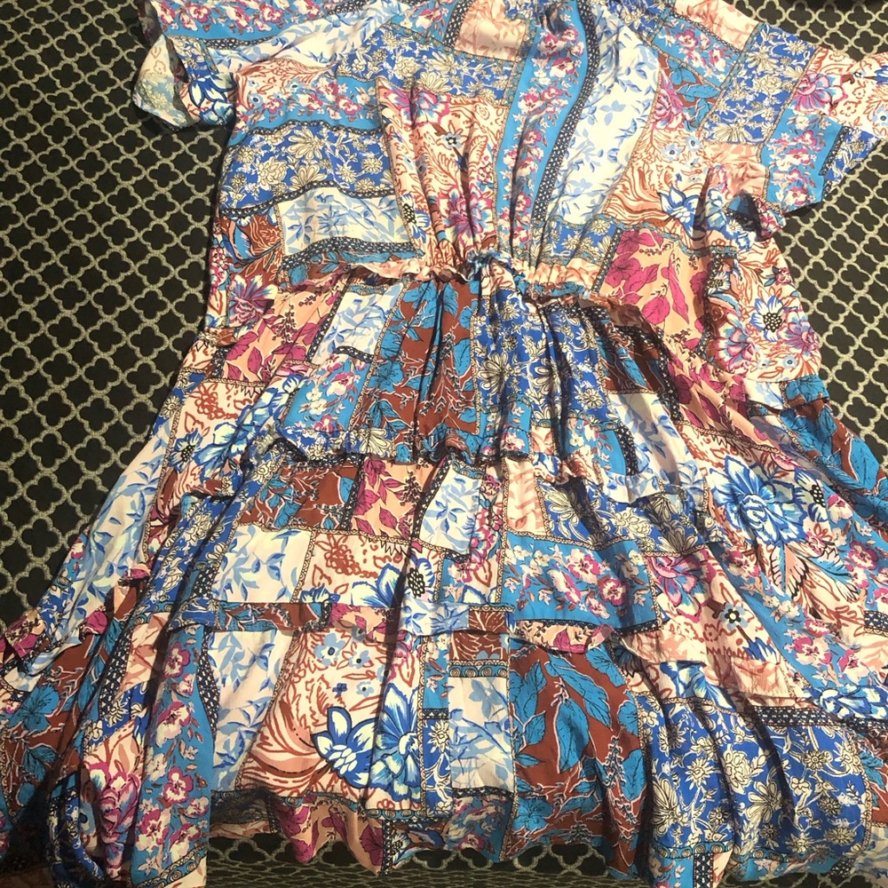 Anthropologie Floral Boho Tiered Midi Dress Sz 2X Pink Blue N14 - Picture 10 of 11
